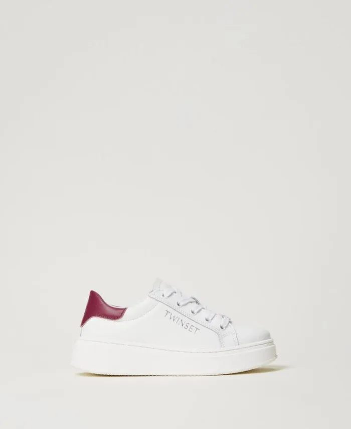 Twinset Shoes Leather Trainers With Logo Twotone Optical White Red Plum 8211 Girl