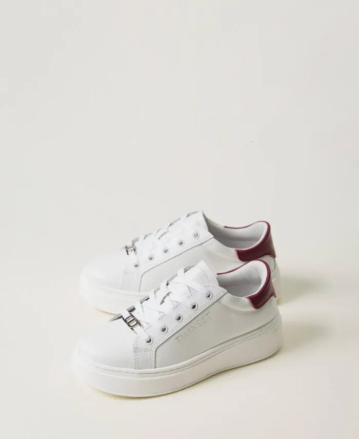 Twinset Shoes Leather Trainers With Logo Twotone Optical White Red Plum 8211 Girl
