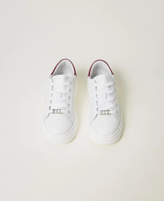 Twinset Shoes Leather Trainers With Logo Twotone Optical White Red Plum 8211 Girl