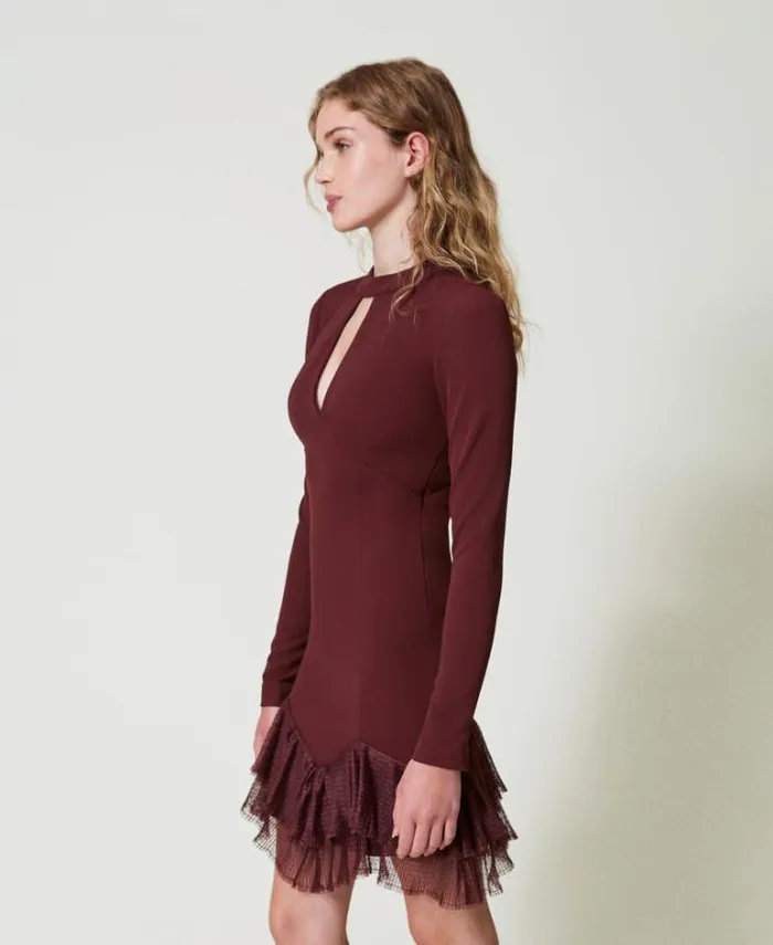 Twinset Short Dresses Short Dress With Pleated Tulle Flounces Plum Wine Red 8211 Clothing