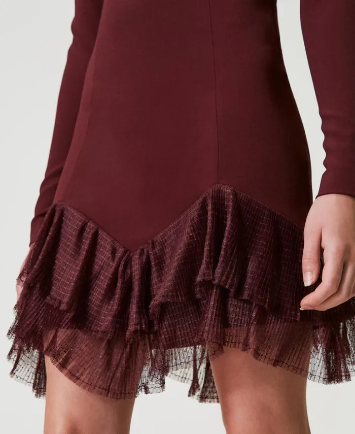 Twinset Short Dresses Short Dress With Pleated Tulle Flounces Plum Wine Red 8211 Clothing