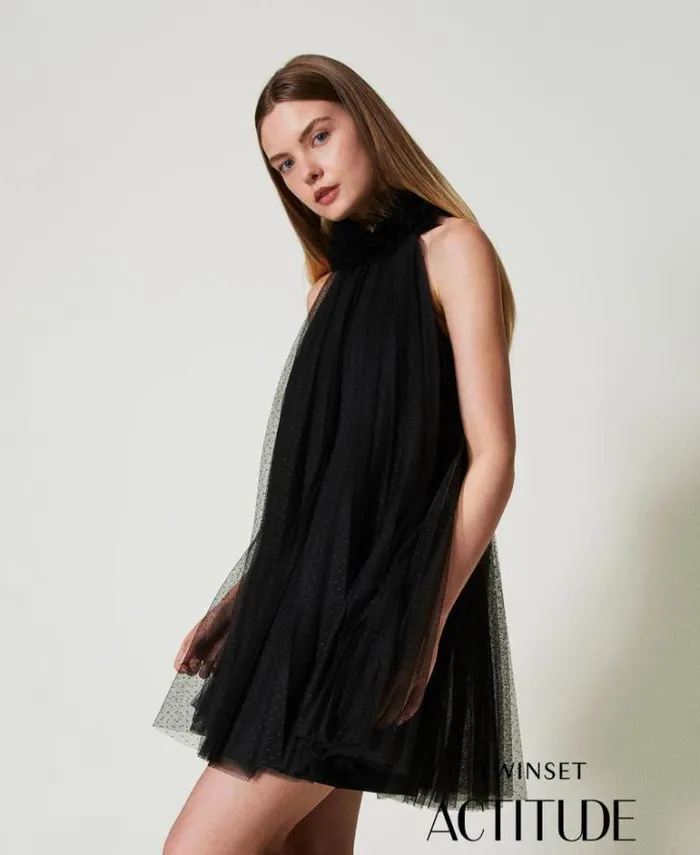 Twinset Short Dresses Short Pleated Tulle Dress Black 8211 Clothing