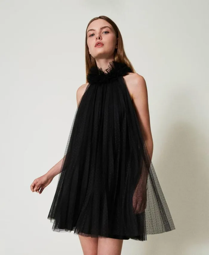 Twinset Short Dresses Short Pleated Tulle Dress Black 8211 Clothing