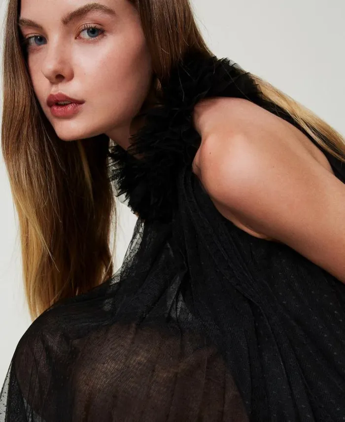 Twinset Short Dresses Short Pleated Tulle Dress Black 8211 Clothing