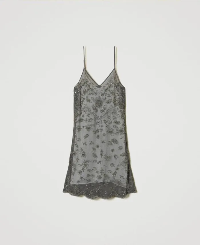 Twinset Short Dresses Short Tulle Dress With Hand Embroidery Charcoal Grey 8211 Clothing