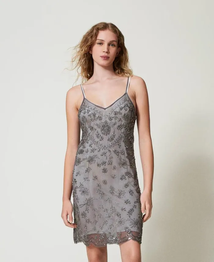 Twinset Short Dresses Short Tulle Dress With Hand Embroidery Charcoal Grey 8211 Clothing