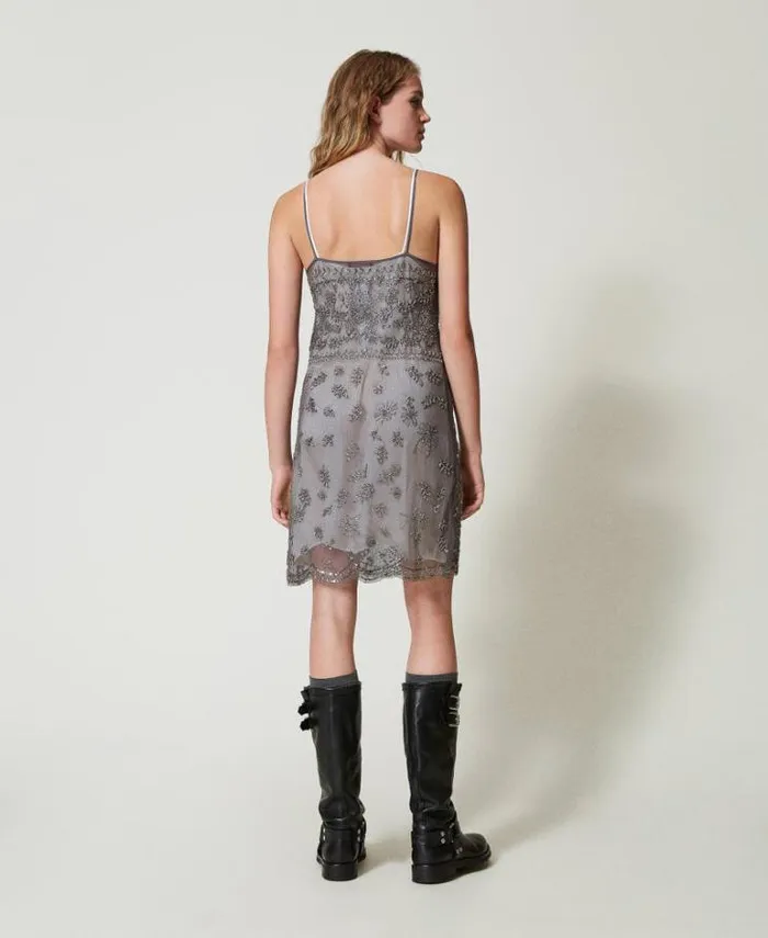 Twinset Short Dresses Short Tulle Dress With Hand Embroidery Charcoal Grey 8211 Clothing
