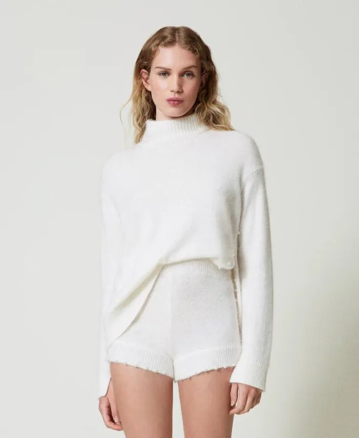 Twinset Shorts Angora Blend Knit Shorts With Pearls White Snow 8211 Clothing