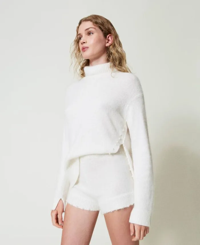 Twinset Shorts Angora Blend Knit Shorts With Pearls White Snow 8211 Clothing