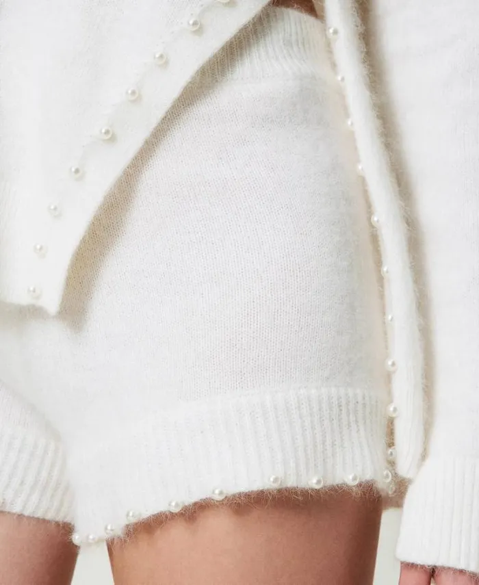 Twinset Shorts Angora Blend Knit Shorts With Pearls White Snow 8211 Clothing