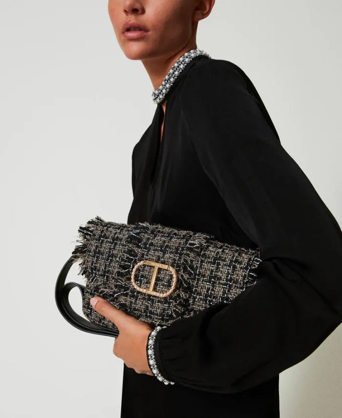 Twinset Shoulder Bags 039Amie039 Medium Tweed Shoulder Bag Black 8211 Bags