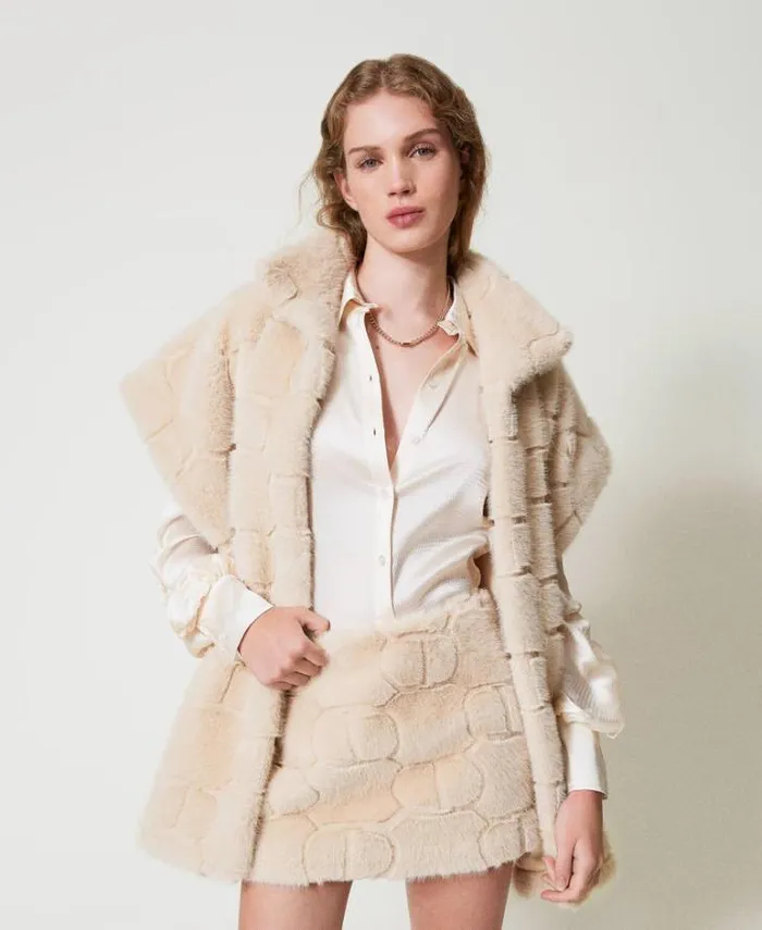 Twinset Skirts Faux Fur Miniskirt With Oval T White Cream 8211 Clothing