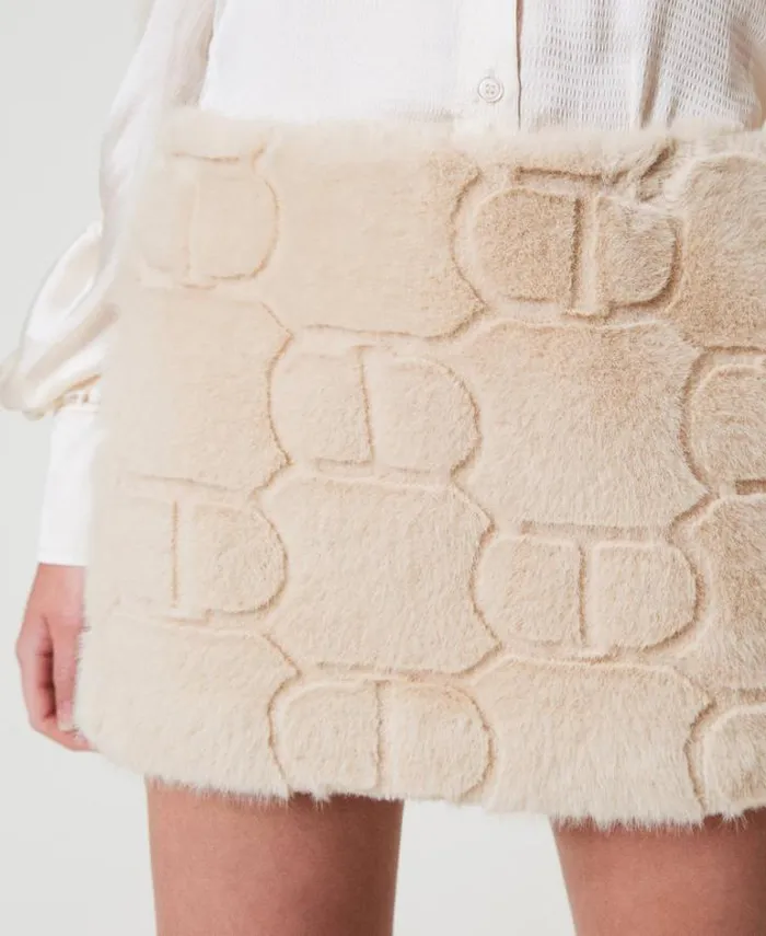 Twinset Skirts Faux Fur Miniskirt With Oval T White Cream 8211 Clothing