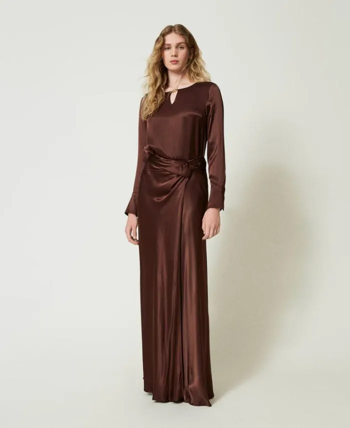Twinset Skirts Long Satin Skirt With Draping Chocolate 8211 Clothing
