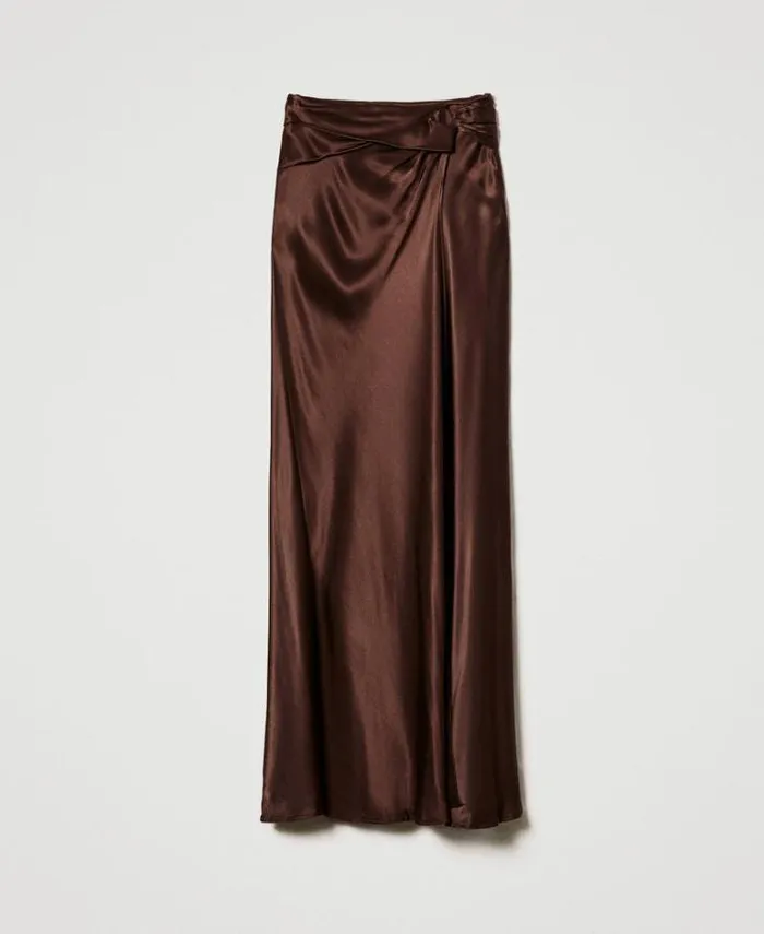 Twinset Skirts Long Satin Skirt With Draping Chocolate 8211 Clothing