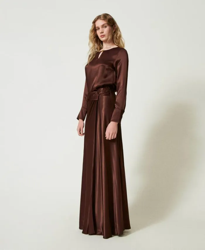 Twinset Skirts Long Satin Skirt With Draping Chocolate 8211 Clothing