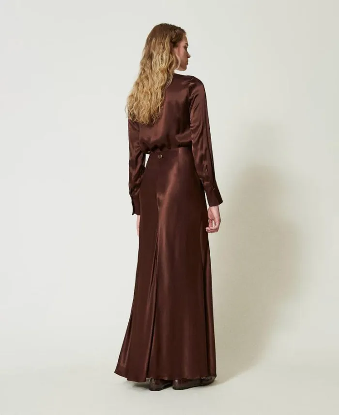 Twinset Skirts Long Satin Skirt With Draping Chocolate 8211 Clothing