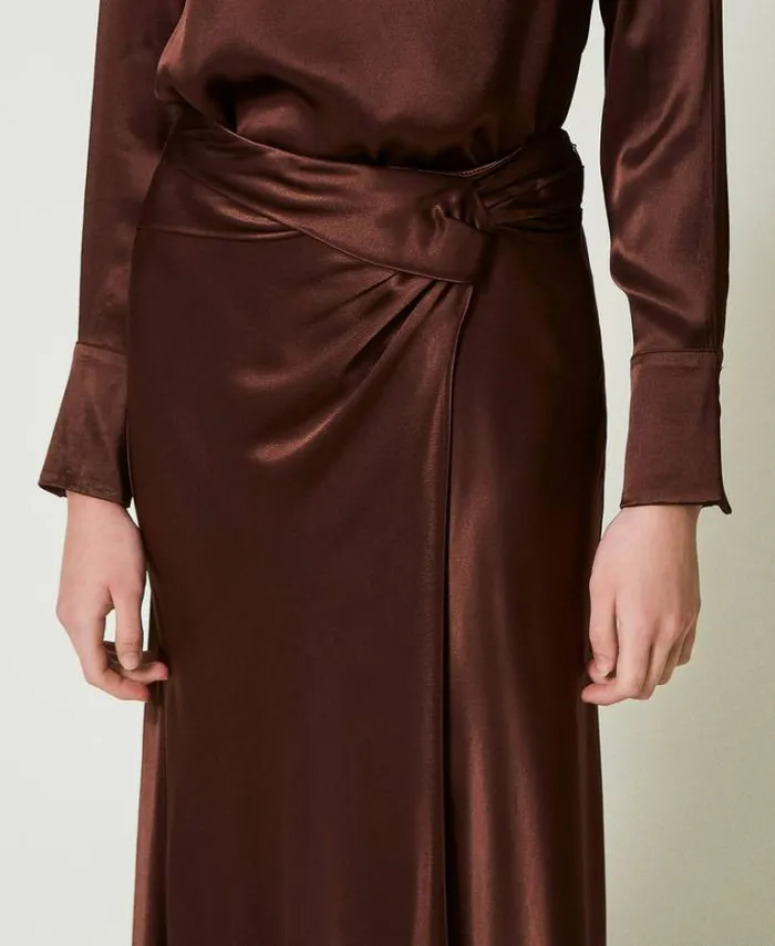 Twinset Skirts Long Satin Skirt With Draping Chocolate 8211 Clothing
