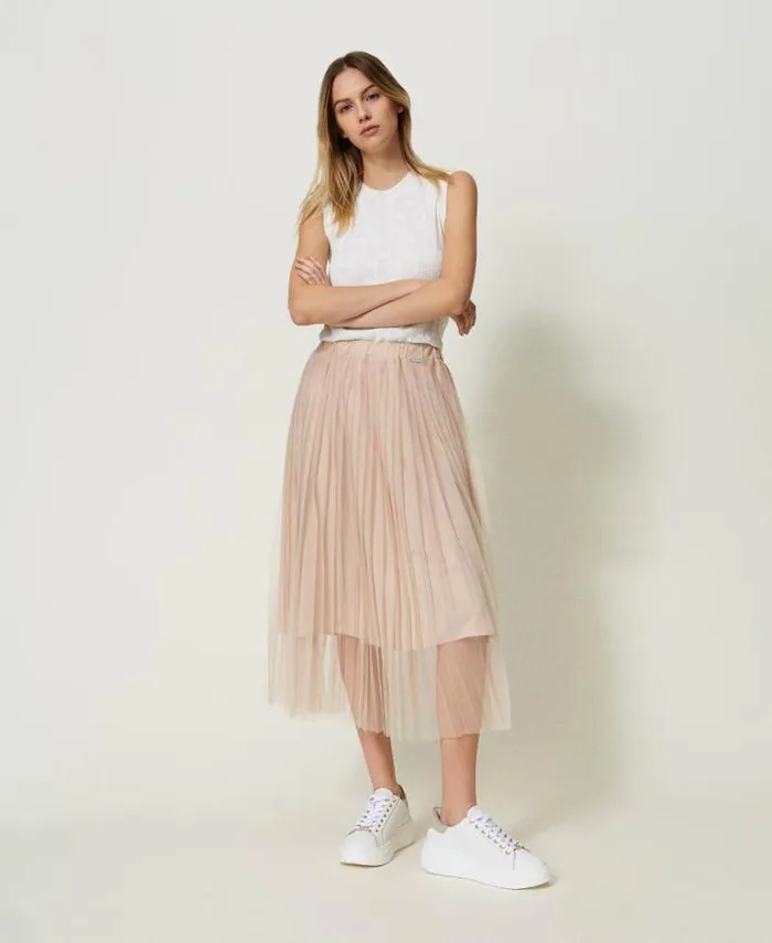 Twinset Skirts Pleated Tulle Midi Skirt Champagne 8211 Clothing