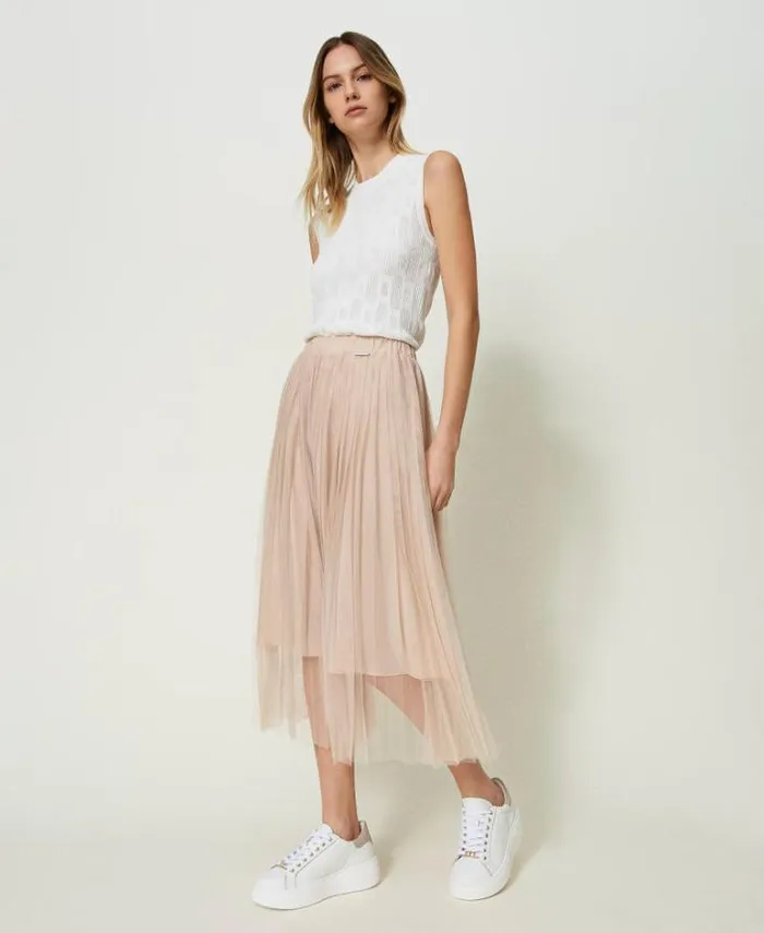Twinset Skirts Pleated Tulle Midi Skirt Champagne 8211 Clothing