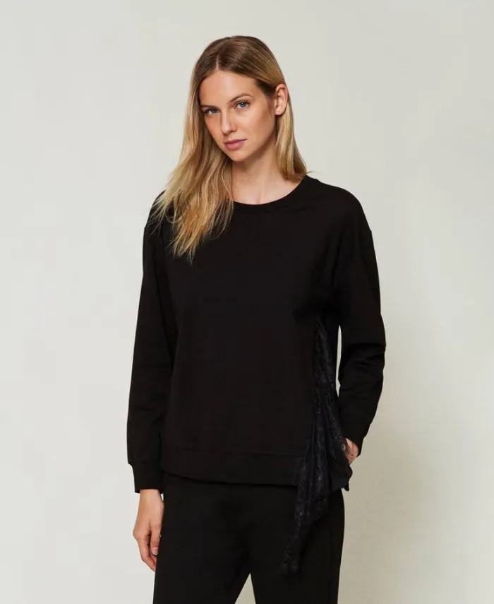 Twinset Sweatshirts Sweatshirt With Pleated Insert With Lace Black 8211 Clothing