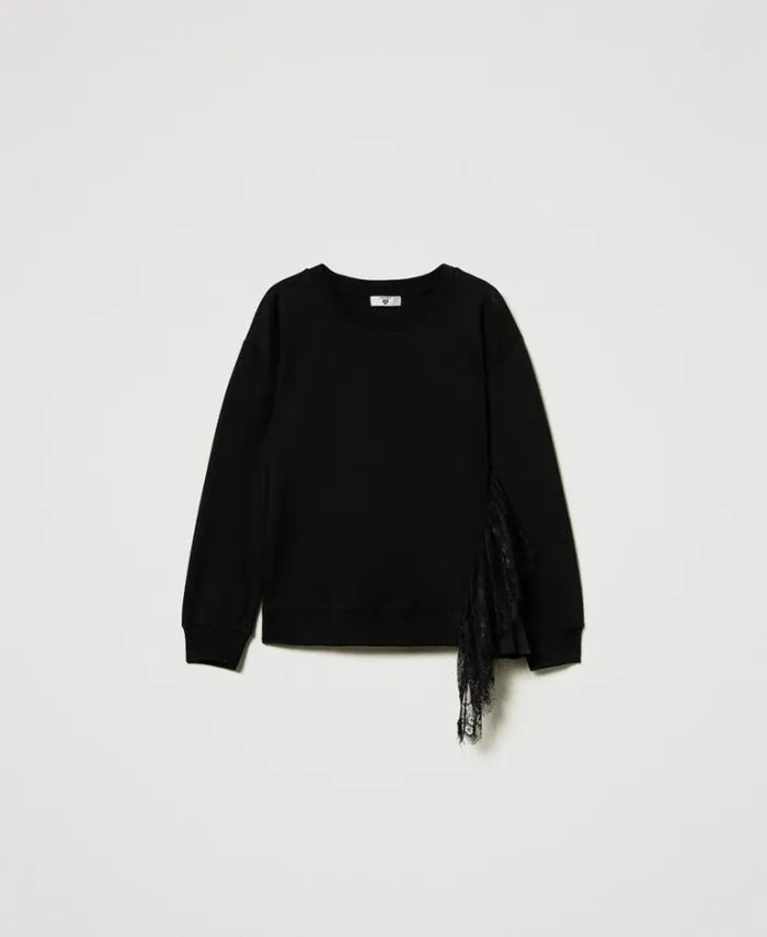 Twinset Sweatshirts Sweatshirt With Pleated Insert With Lace Black 8211 Clothing