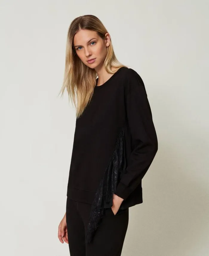 Twinset Sweatshirts Sweatshirt With Pleated Insert With Lace Black 8211 Clothing