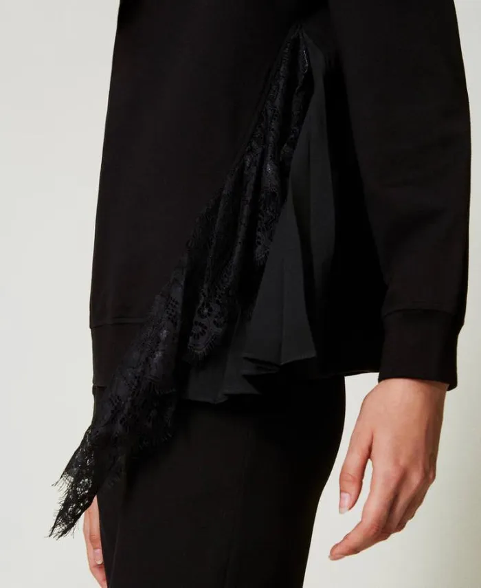 Twinset Sweatshirts Sweatshirt With Pleated Insert With Lace Black 8211 Clothing
