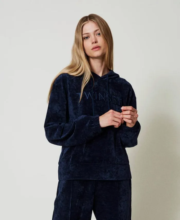 Twinset Sweatshirts Velvet Hoodie With Embroidered Logo Blackout Blue 8211 Clothing