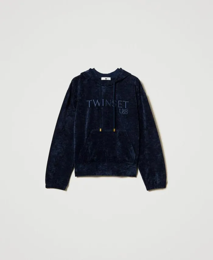 Twinset Sweatshirts Velvet Hoodie With Embroidered Logo Blackout Blue 8211 Clothing