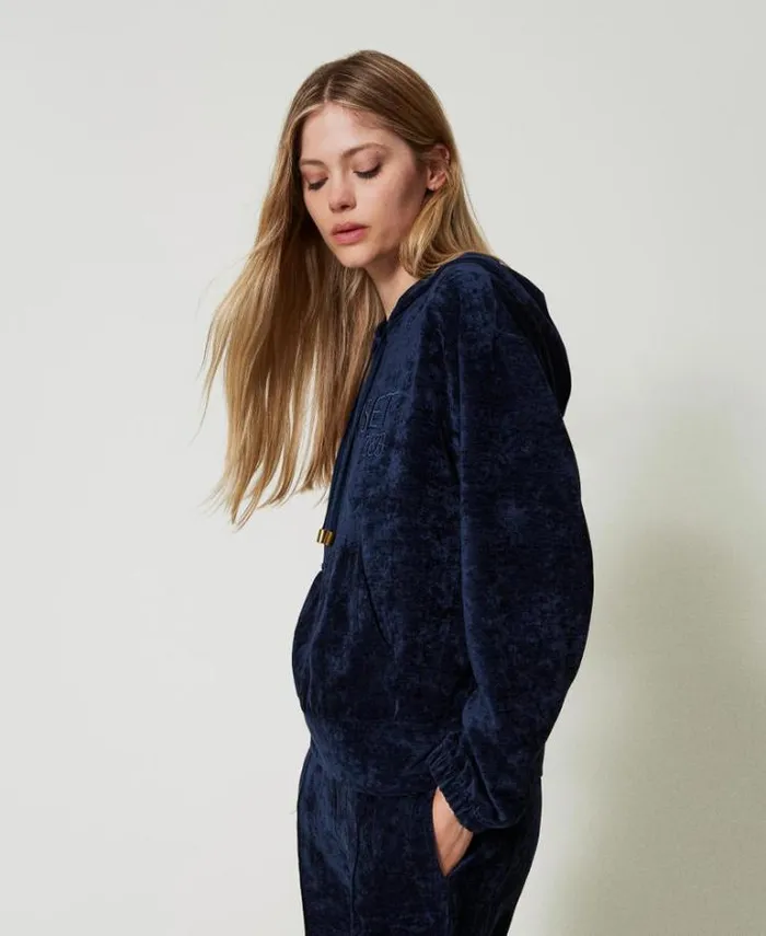 Twinset Sweatshirts Velvet Hoodie With Embroidered Logo Blackout Blue 8211 Clothing