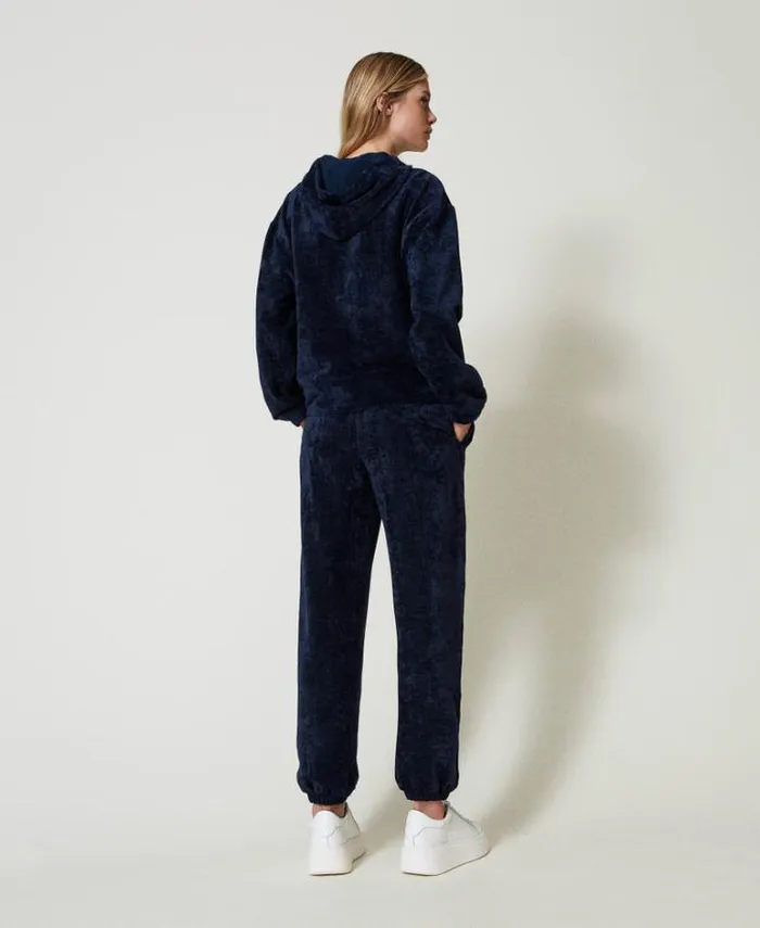 Twinset Sweatshirts Velvet Hoodie With Embroidered Logo Blackout Blue 8211 Clothing