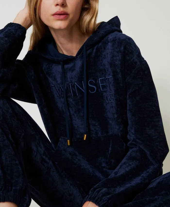 Twinset Sweatshirts Velvet Hoodie With Embroidered Logo Blackout Blue 8211 Clothing