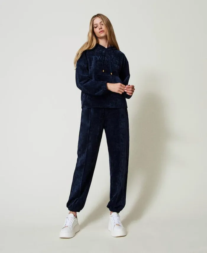 Twinset Sweatshirts Velvet Hoodie With Embroidered Logo Blackout Blue 8211 Clothing