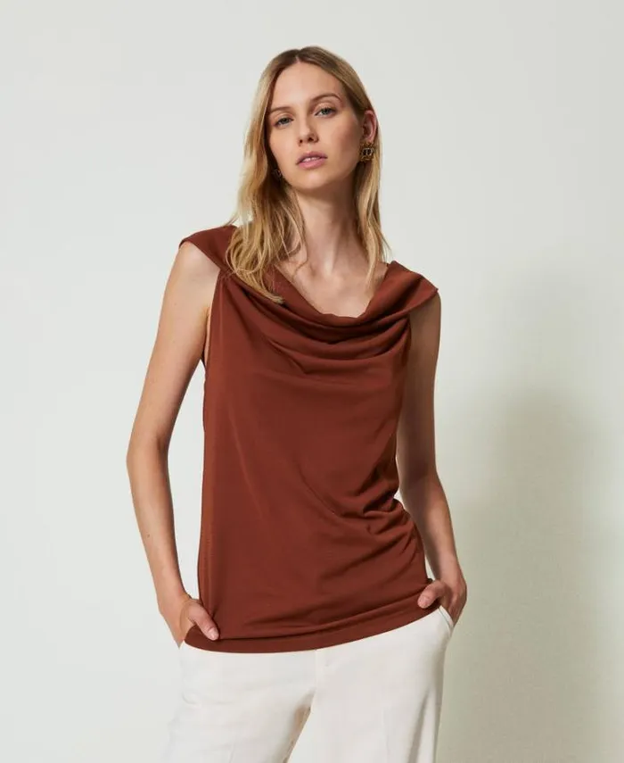 Twinset TShirts And Tops Draped Neck Top Terra Senese Brown 8211 Clothing