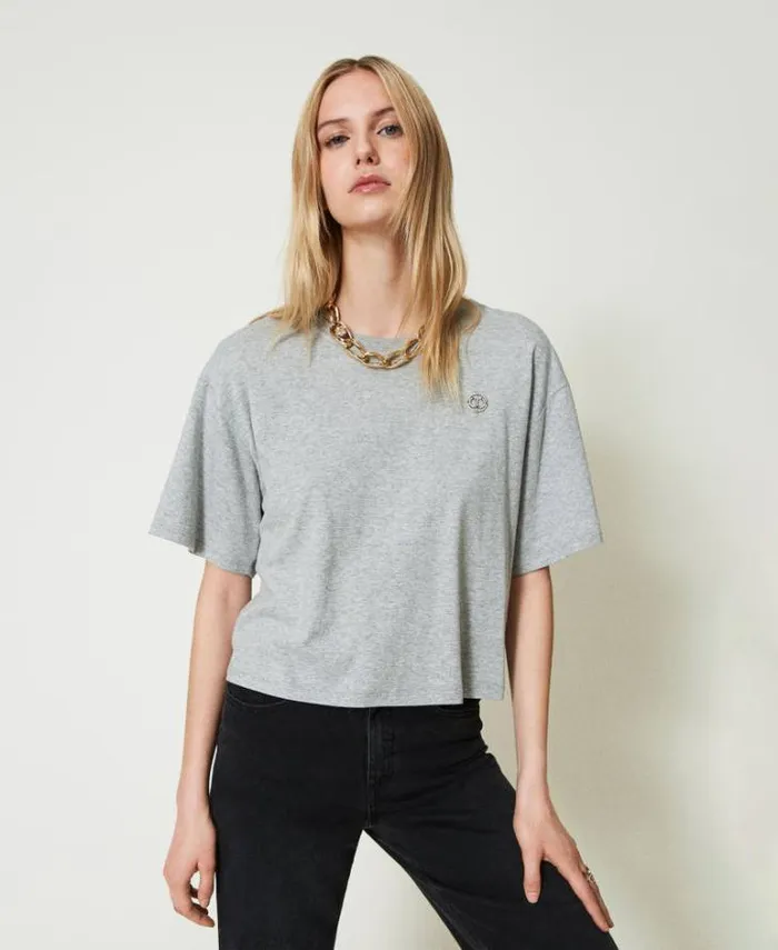 Twinset TShirts And Tops Mottled Tshirt With Oval T Medium Gray Mlange 8211 Clothing