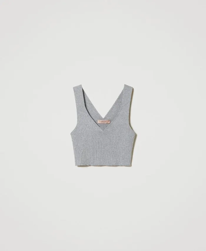 Twinset TShirts And Tops Ribbed Knit Cropped Top Warm Melange Gray 8211 Clothing
