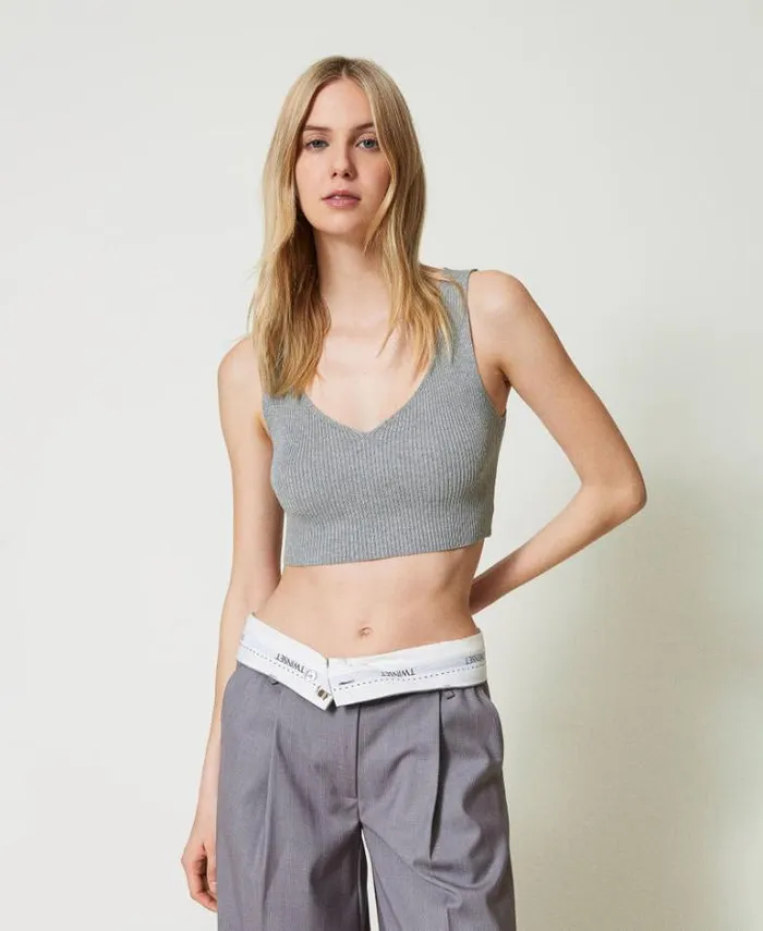 Twinset TShirts And Tops Ribbed Knit Cropped Top Warm Melange Gray 8211 Clothing