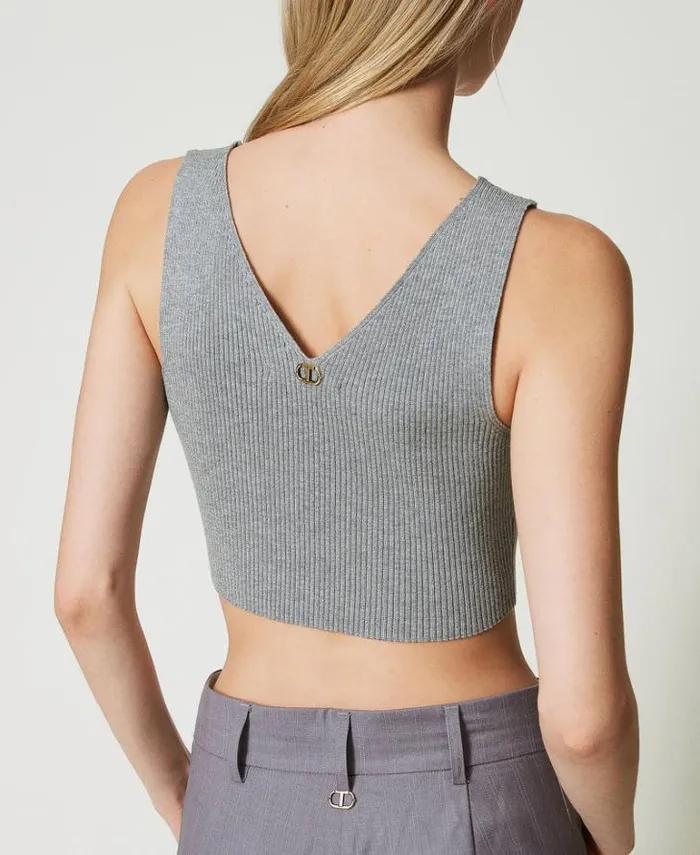 Twinset TShirts And Tops Ribbed Knit Cropped Top Warm Melange Gray 8211 Clothing