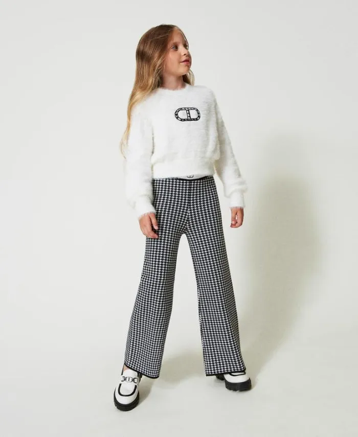 Twinset Trousers And Jeans Jacquard Knit Trousers With Houndstooth Pattern Bicolour Off White Black 8211 Girl Twinset Trousers And Jeans Jacquard Knit Trousers With Houndstooth Pattern Bicolour Off White Black 8211 Girl