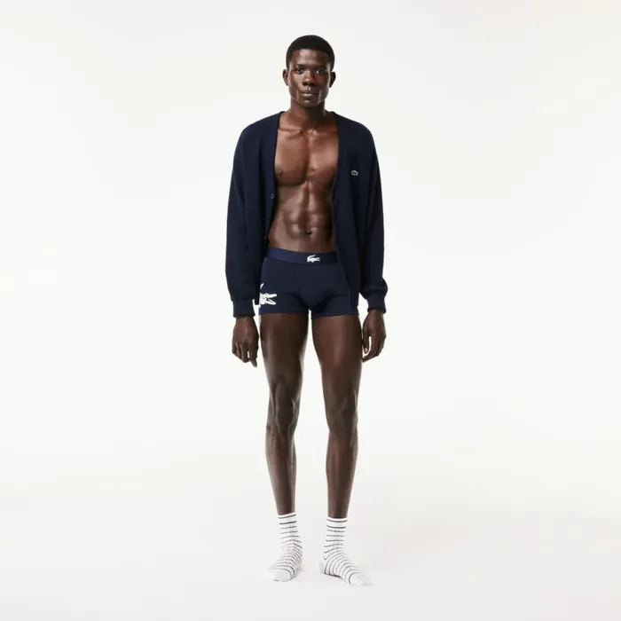 Underwear and Socks Men Lacoste Men039s Cotton Jersey Boxer Brief 3Pack Navy Blue White Grey Chine Navy Blue Bck