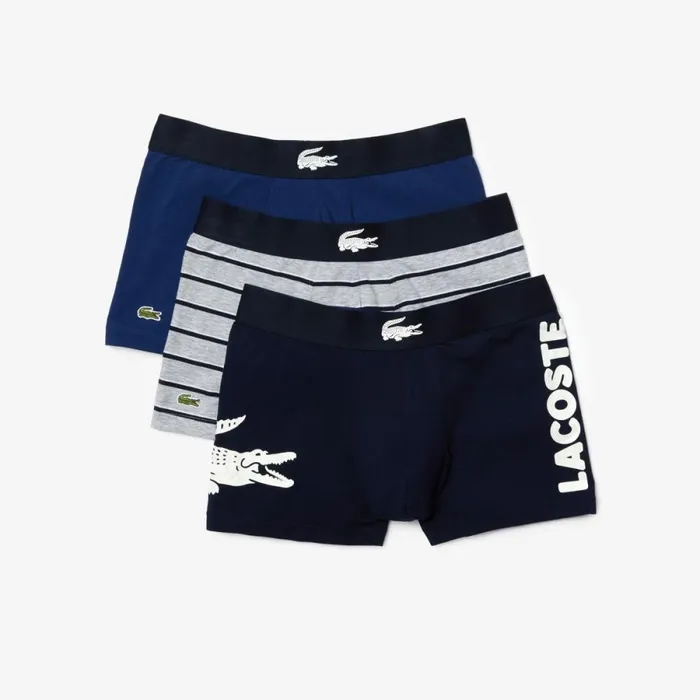 Underwear and Socks Men Lacoste Men039s Cotton Jersey Boxer Brief 3Pack Navy Blue White Grey Chine Navy Blue Bck