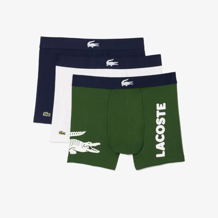 Underwear and Socks Men Lacoste Mens Crocodile Waist Long Stretch Cotton Boxer Brief 3Pack Green Navy Blue White P52