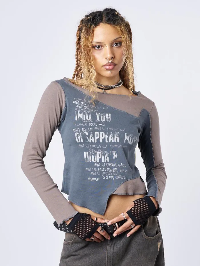 Utopia Brown Grey Graphic Asymmetrical Top Women Minga London Tops and TShirts