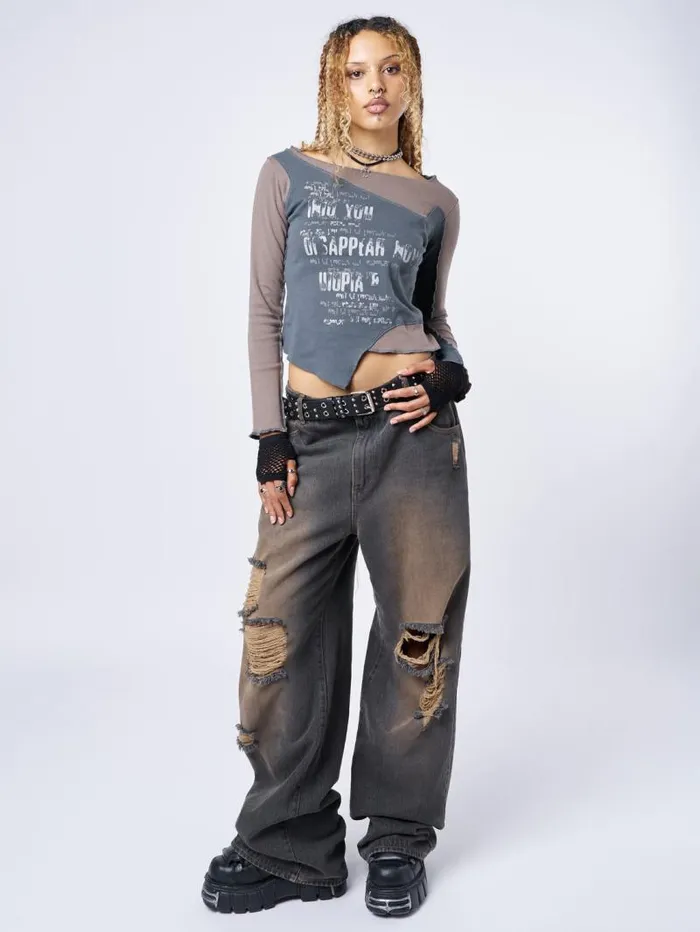 Utopia Brown Grey Graphic Asymmetrical Top Women Minga London Tops and TShirts