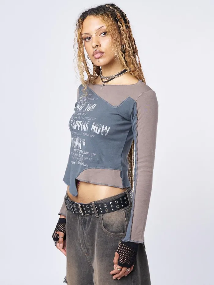 Utopia Brown Grey Graphic Asymmetrical Top Women Minga London Tops and TShirts