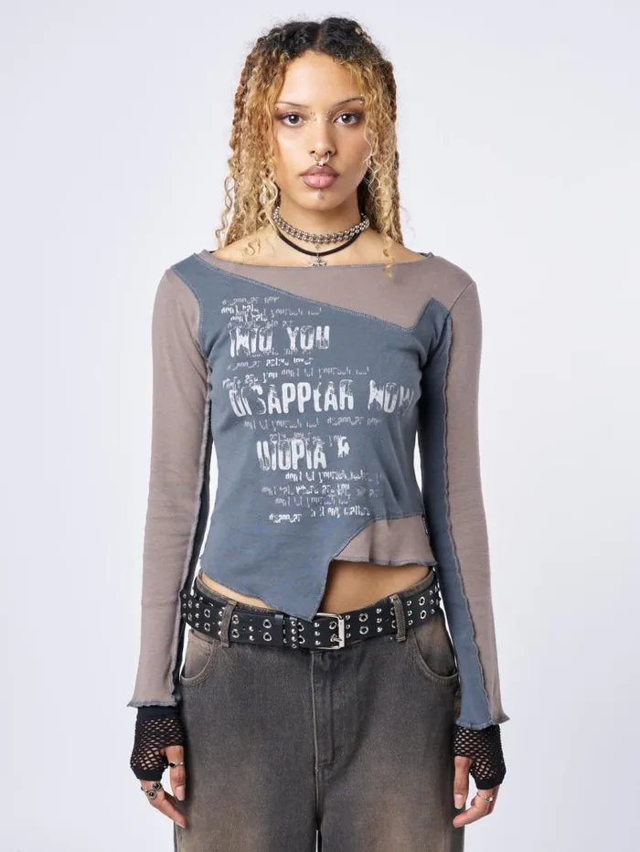 Utopia Brown Grey Graphic Asymmetrical Top Women Minga London Tops and TShirts