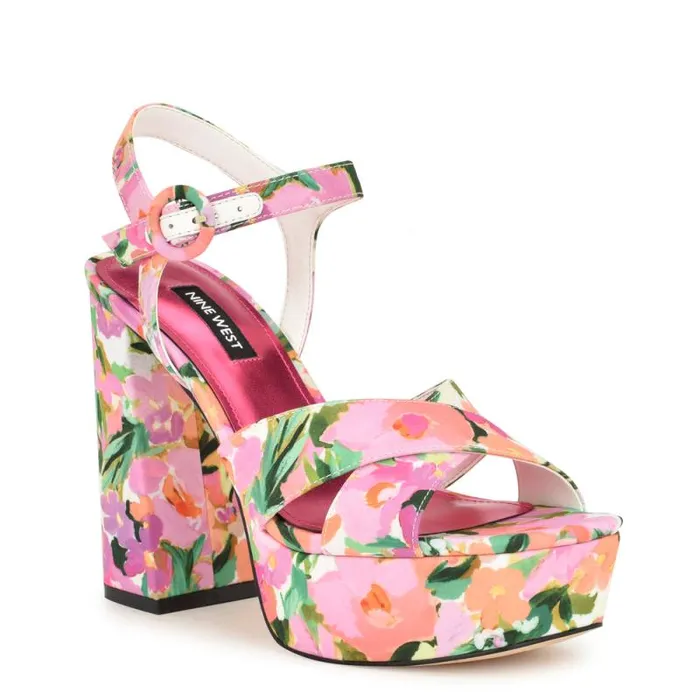 Vallen Strappy Platform Sandals Pink Floral Women Nine West Sandals Vallen Strappy Platform Sandals Pink Floral Women Nine West Sandals