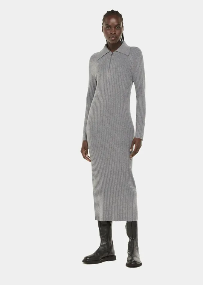 Whistles Bonnie Zip Ribbed Knit Dress Dark Grey Women Dresses