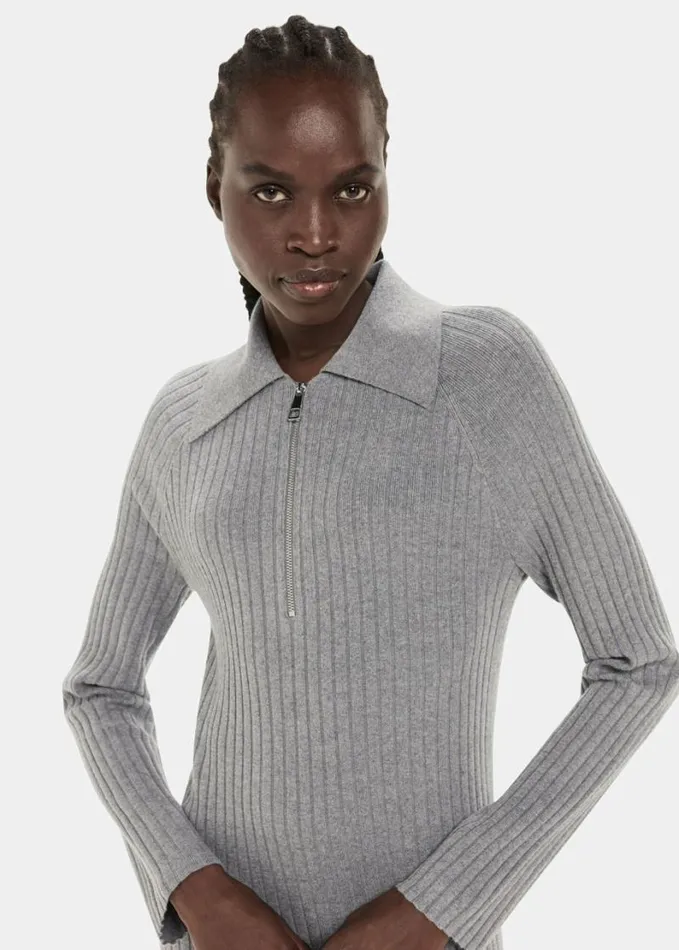 Whistles Bonnie Zip Ribbed Knit Dress Dark Grey Women Dresses